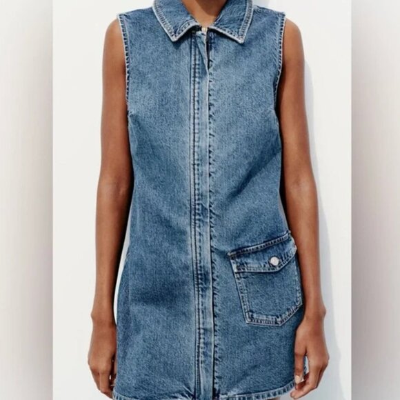 ZARA TRF FITTED DENIM DRESS SHORT SLEEVES MINI DRESS BLUE - Picture 8 of 8